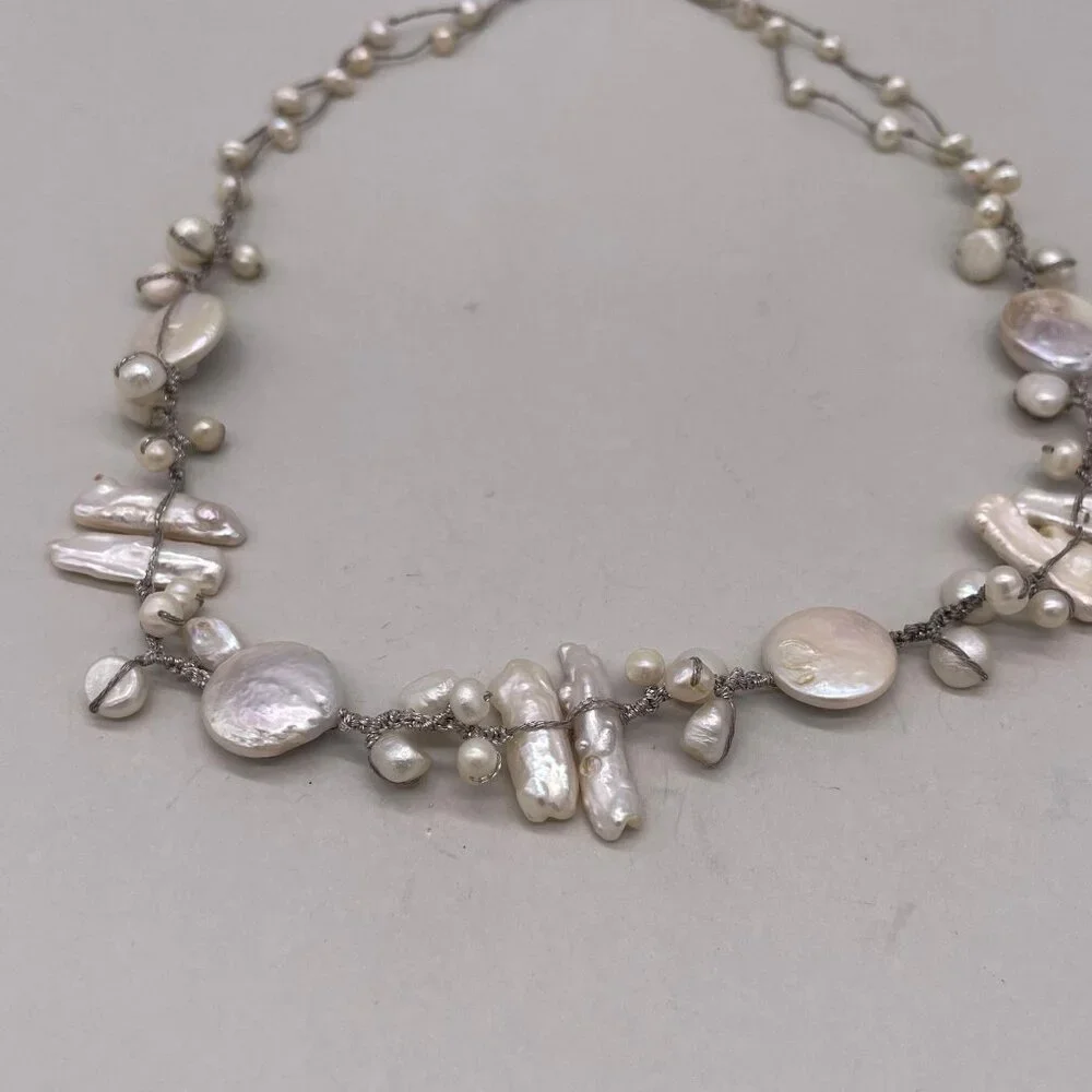 Mother of Pearl Bead Stretch Choker Necklace Silver Tone Shell Sea Beach Oyster - Picture 2 of 5